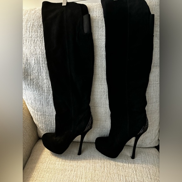 DESIGNER HALSTON MOD BLACK LEATHER THIGH HIGH SUEDE BOOTS 5 INCH HEELS SZ 7 - Picture 4 of 8